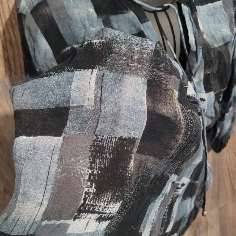 APNY Abstract SemiSheer Blouse Lg Muted Blue/Black Tasseled Popover Lightweight - Picture 6 of 10